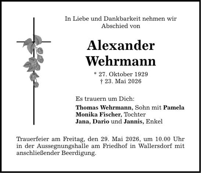 Traueranzeige Alexander Wehrmann