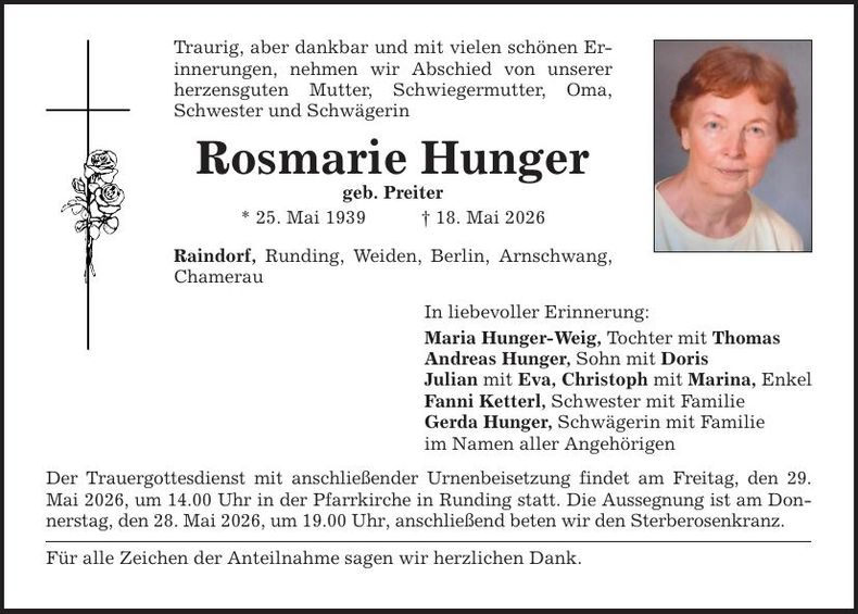 Traueranzeige Rosmarie Hunger
