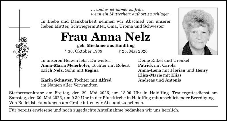 Traueranzeige Anna Nelz