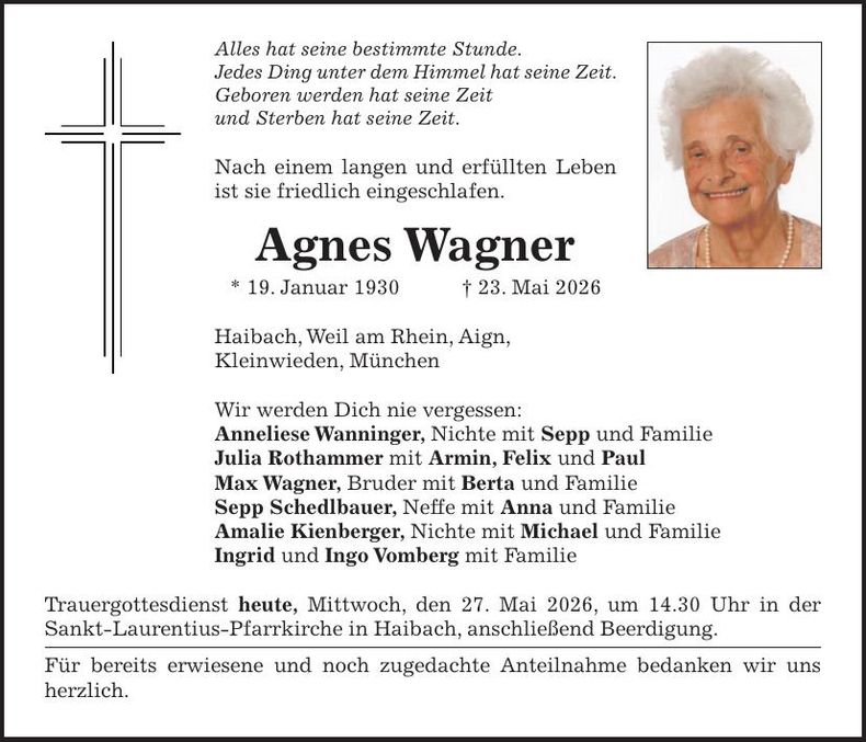 Traueranzeige Agnes Wagner