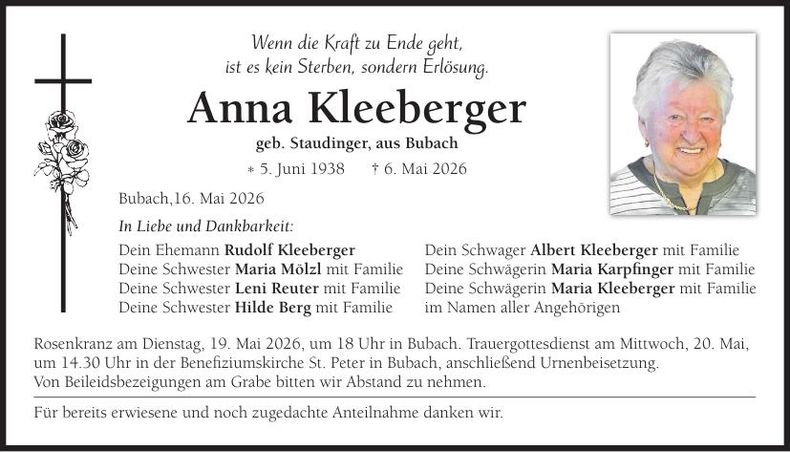 Traueranzeige Anna Kleeberger