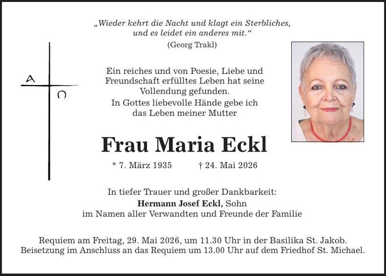 Traueranzeige Maria Eckl