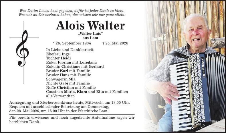 Traueranzeige Alois Walter