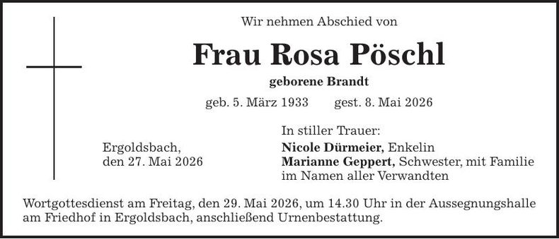Traueranzeige Rosa Pöschl