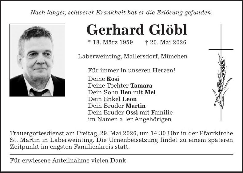 Traueranzeige Gerhard Glöbl