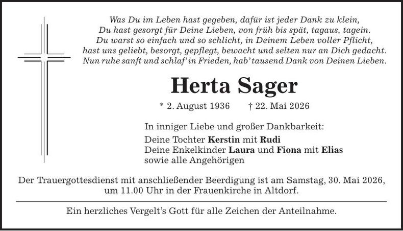 Traueranzeige Herta Sager