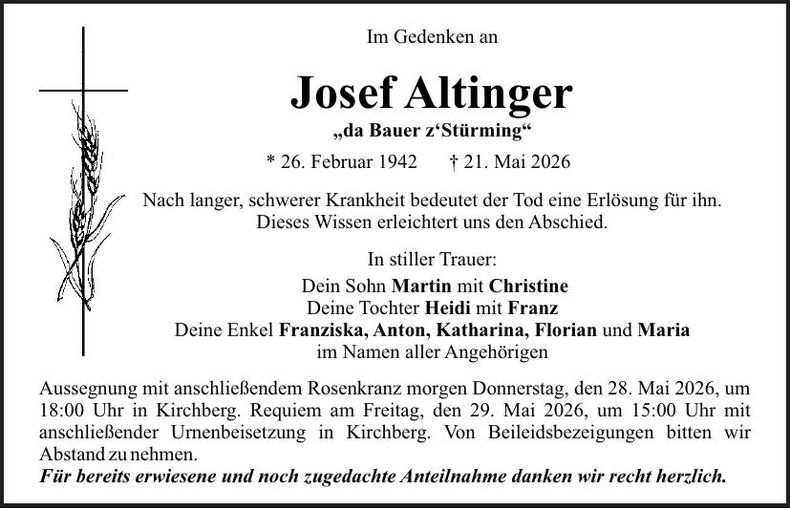 Traueranzeige Josef Altinger