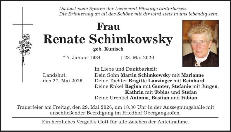 Traueranzeige Renate Schimkowsky