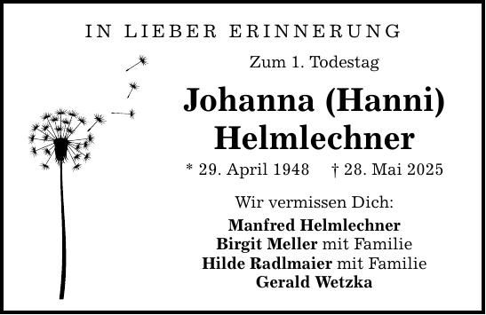 Traueranzeige Johanna Helmlechner