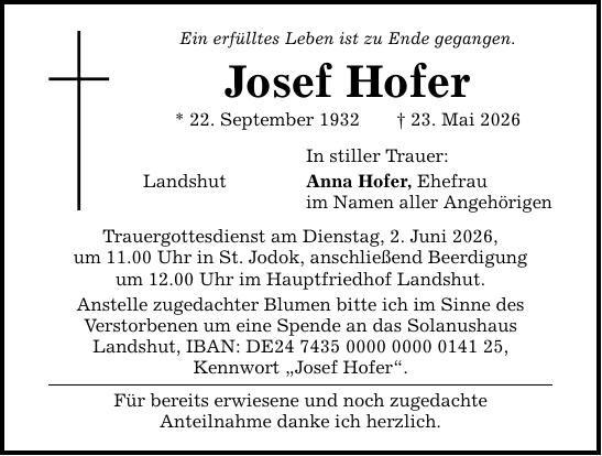 Traueranzeige Josef Hofer