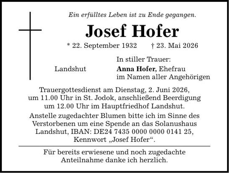 Traueranzeige Josef Hofer