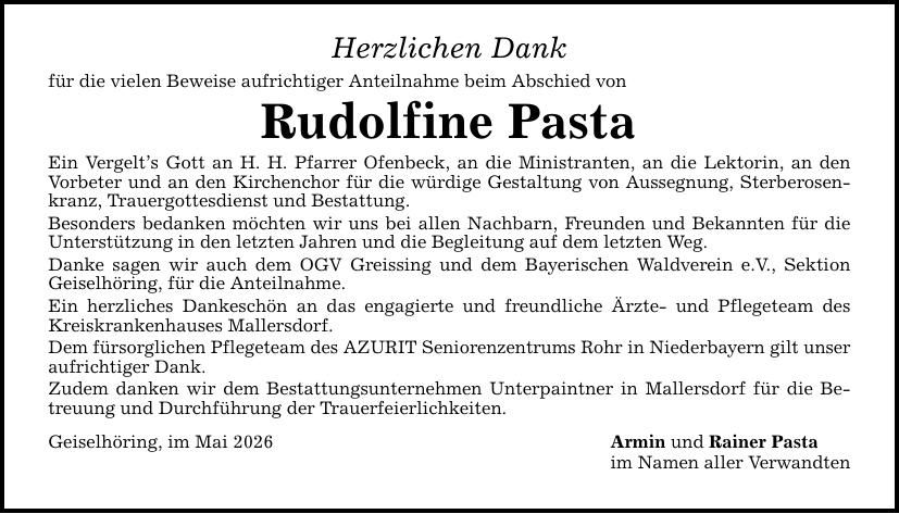 Traueranzeige Rudolfine Pasta