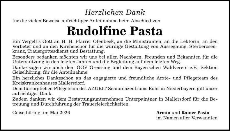 Traueranzeige Rudolfine Pasta