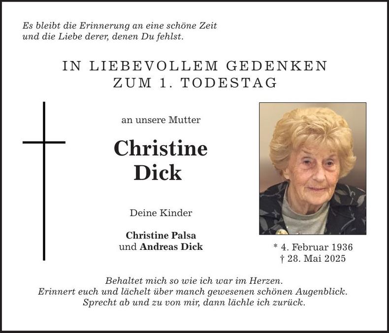 Traueranzeige Christine  Dick