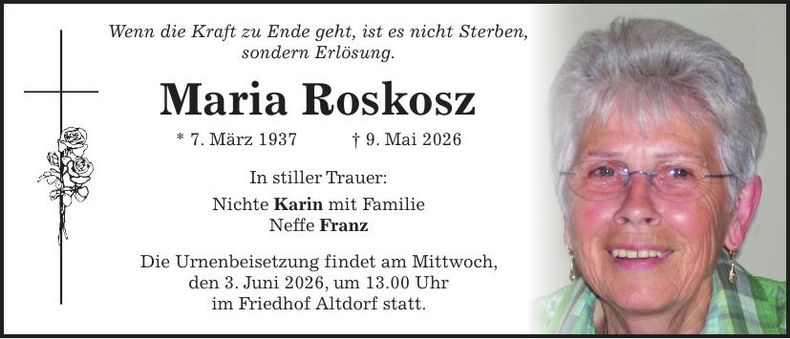 Traueranzeige Maria Roskosz