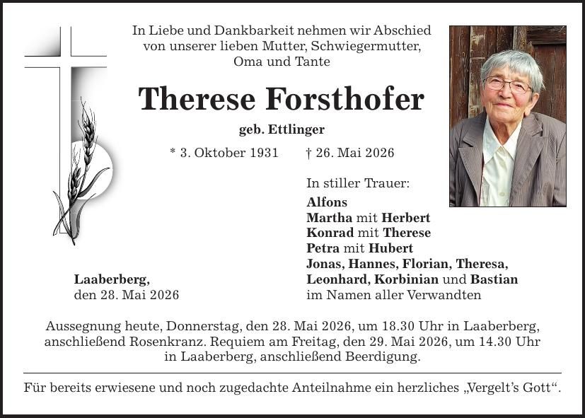 Traueranzeige Therese Forsthofer