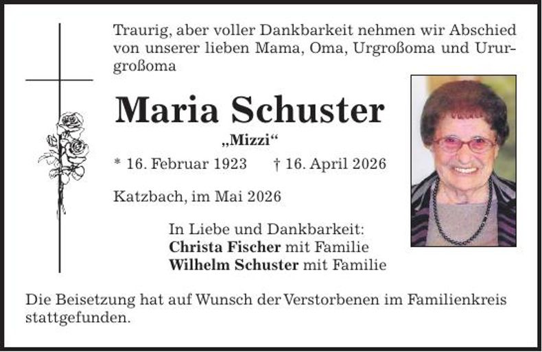 Traueranzeige Maria Schuster