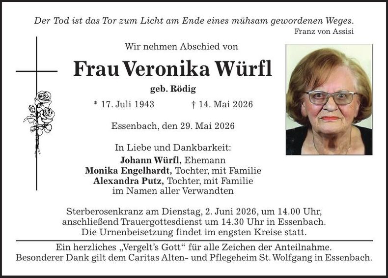Traueranzeige Veronika Würfl