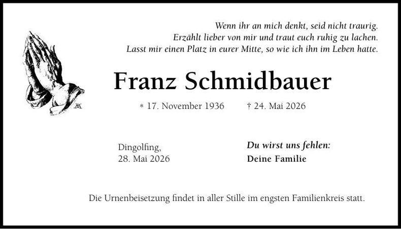 Traueranzeige Franz Schmidbauer