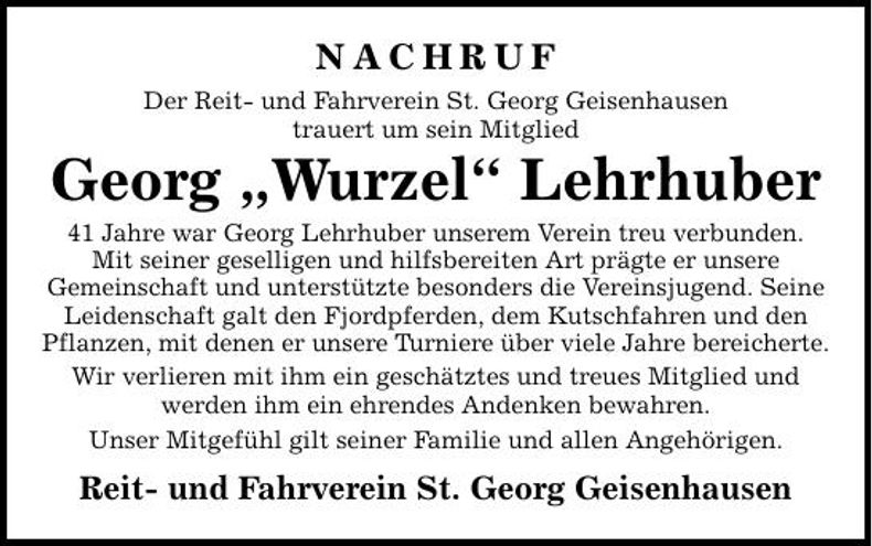Traueranzeige Georg Lehrhuber