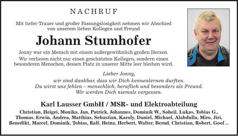 Traueranzeige Johann Stumhofer