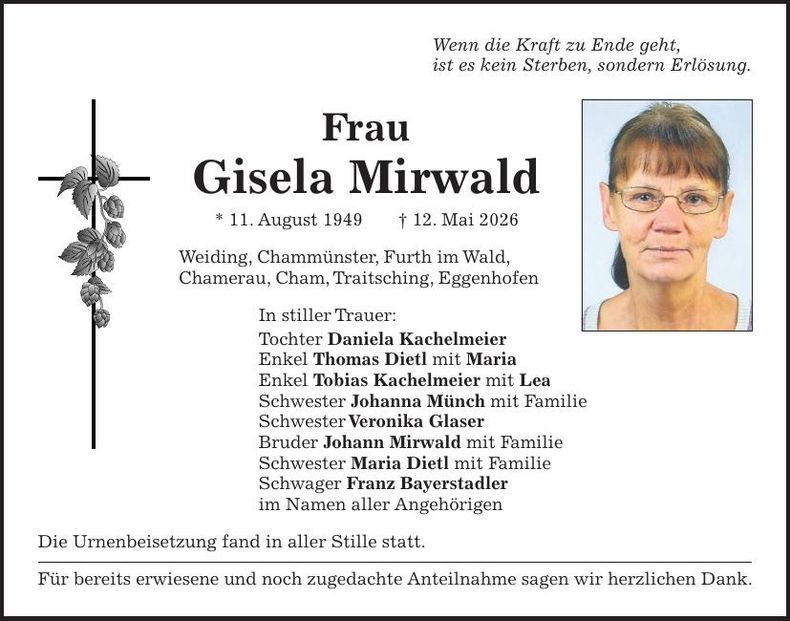Traueranzeige Gisela Mirwald
