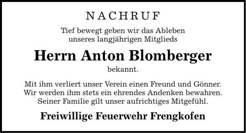 Traueranzeige Anton Blomberger