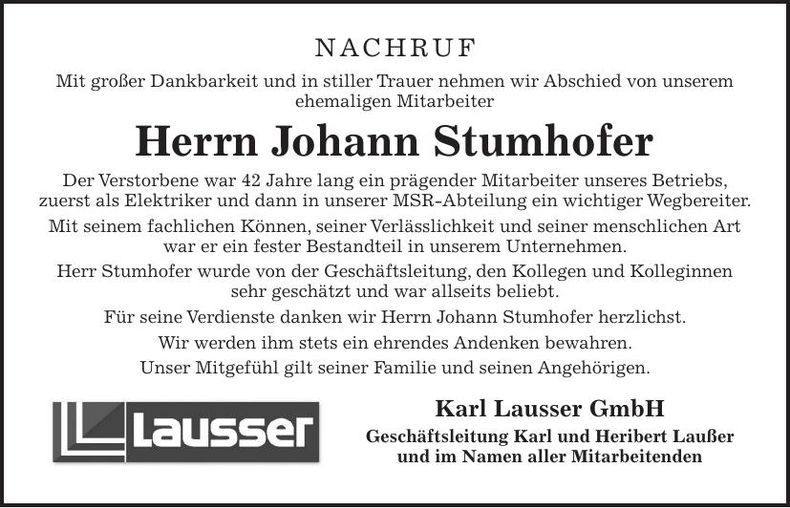 Traueranzeige Johann Stumhofer