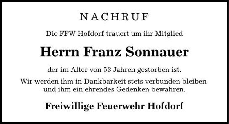 Traueranzeige Franz Sonnauer