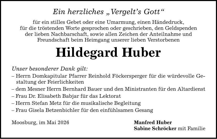 Traueranzeige Hildegard Huber