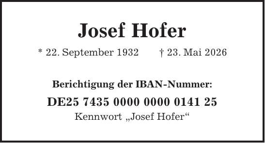 Traueranzeige Josef Hofer