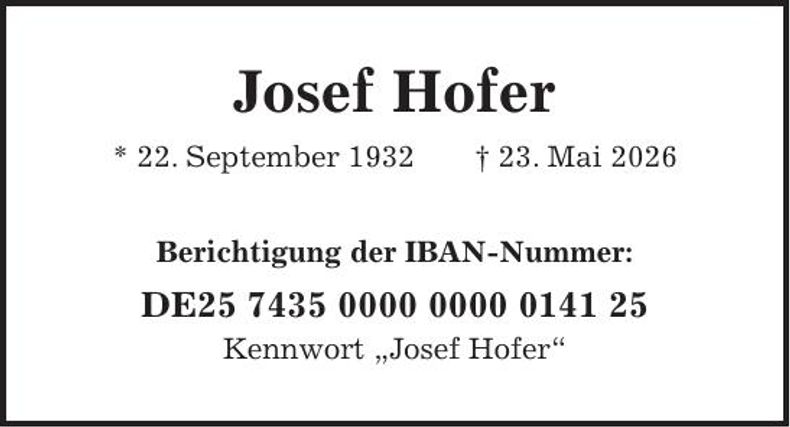 Traueranzeige Josef Hofer