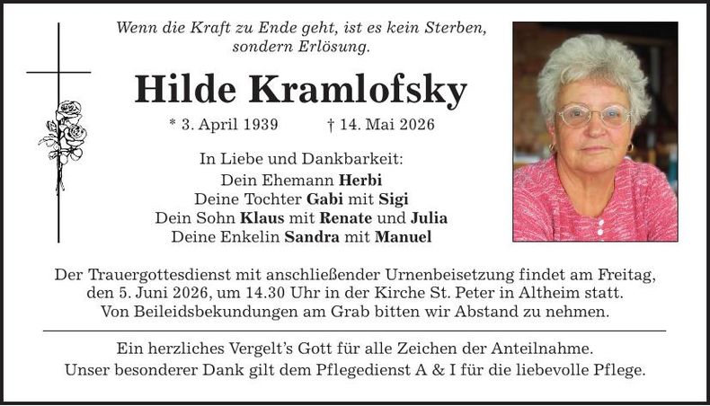 Traueranzeige Hilde Kramlofsky