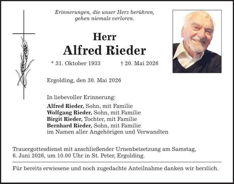 Traueranzeige Alfred Rieder