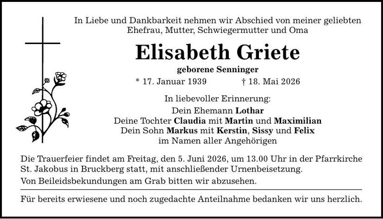 Traueranzeige Elisabeth Griete