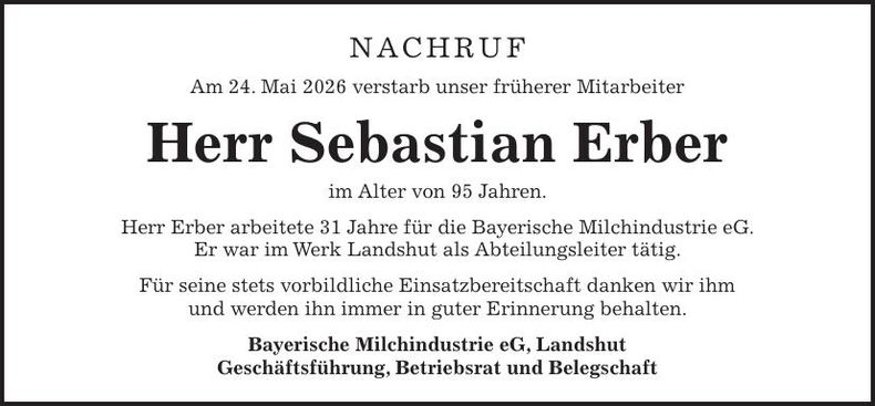 Traueranzeige  Sebastian Erber