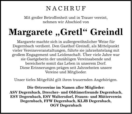 Traueranzeige Margarete Greindl