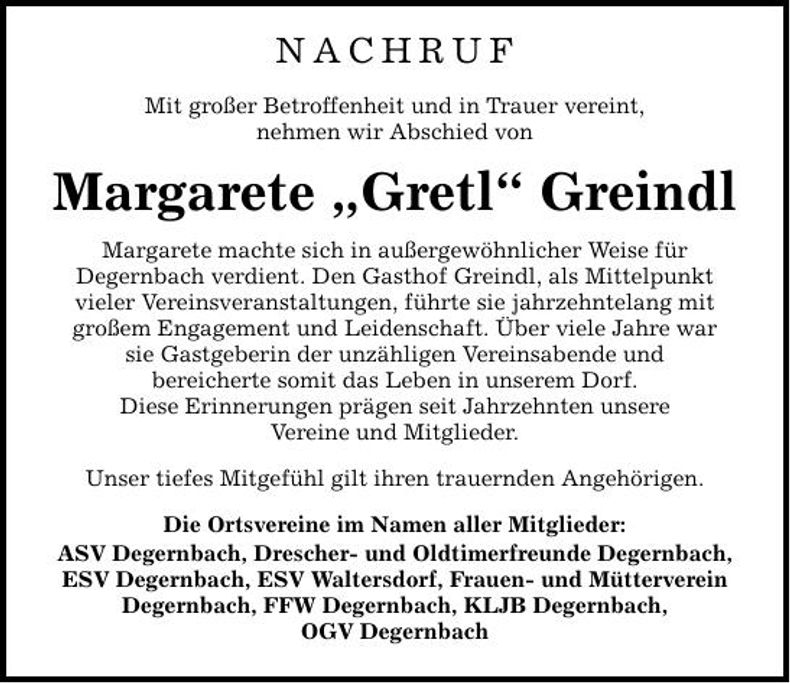 Traueranzeige Margarete Greindl 