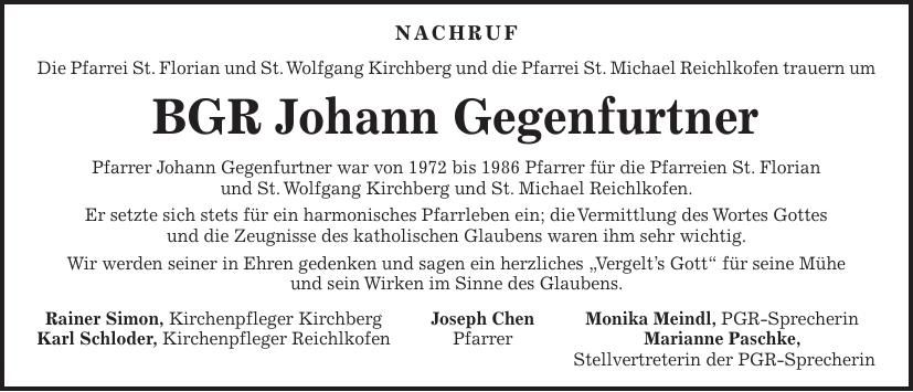 Traueranzeige Johann Gegenfurtner