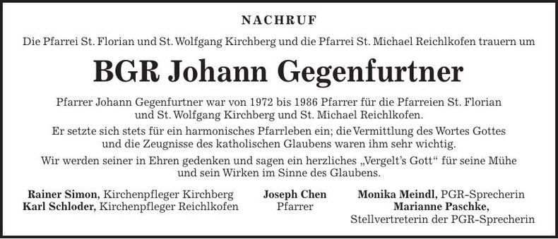 Traueranzeige Johann Gegenfurtner