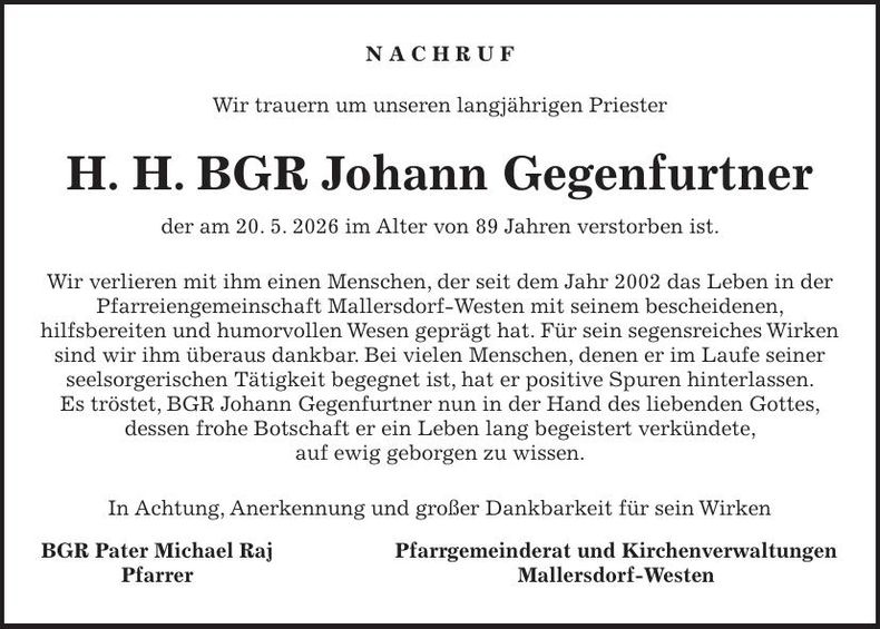 Traueranzeige Johann Gegenfurtner