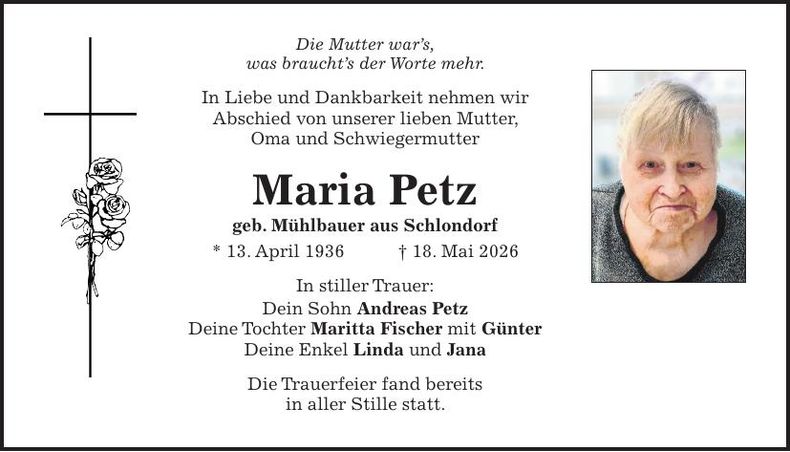 Traueranzeige Maria Petz