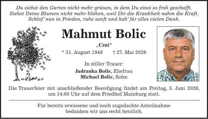 Traueranzeige Mahmut Bolic