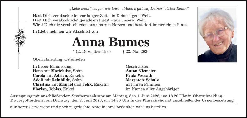Traueranzeige Anna Bumes