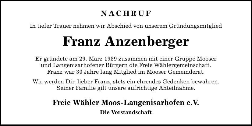 Traueranzeige Franz Anzenberger