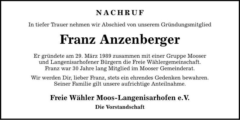 Traueranzeige Franz Anzenberger
