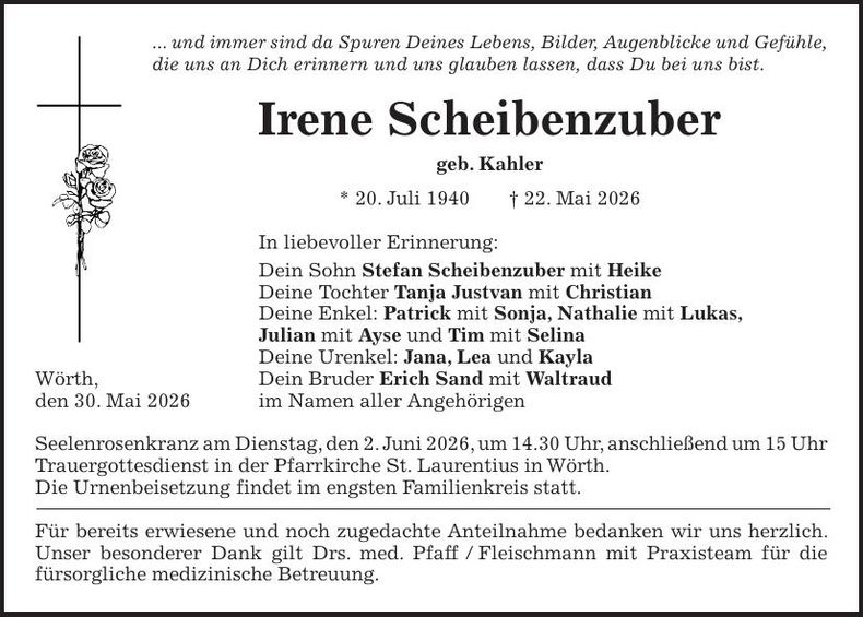 Traueranzeige Irene Scheibenzuber