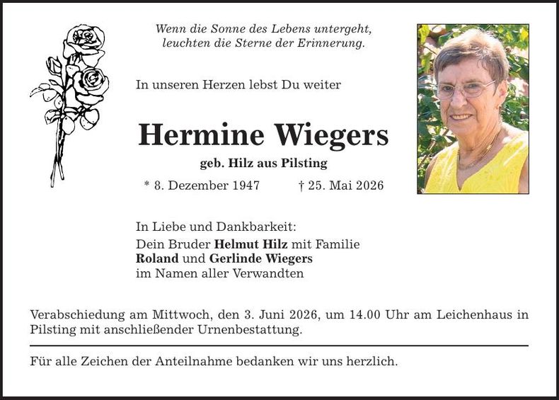 Traueranzeige Hermine Wiegers