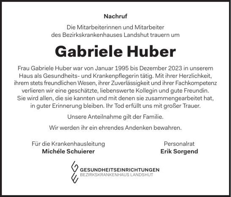 Traueranzeige Gabriele Huber