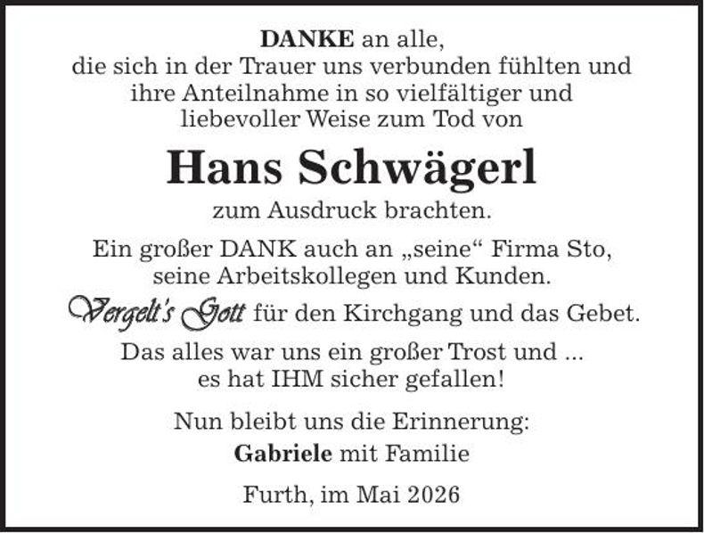 Traueranzeige Hans Schwägerl
